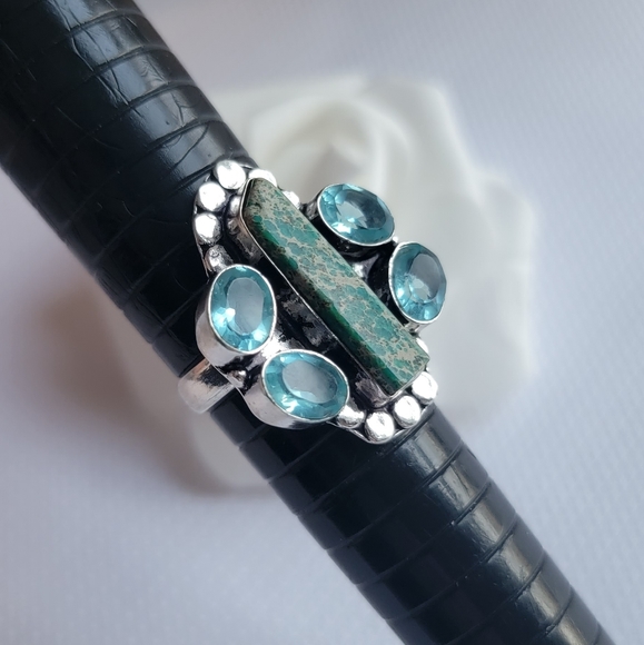 Hand Crafted Jewelry - New sea sediment jasper , blue topaz silver ring SZ 10